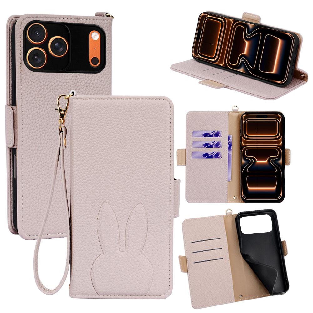 For iPhone 18 Pro Max / 17 Pro Max Bunny Ears Side Magnetic Clasp Vegan Leather Phone Case with Wrist Strap - Light Pink - EDA010237917E