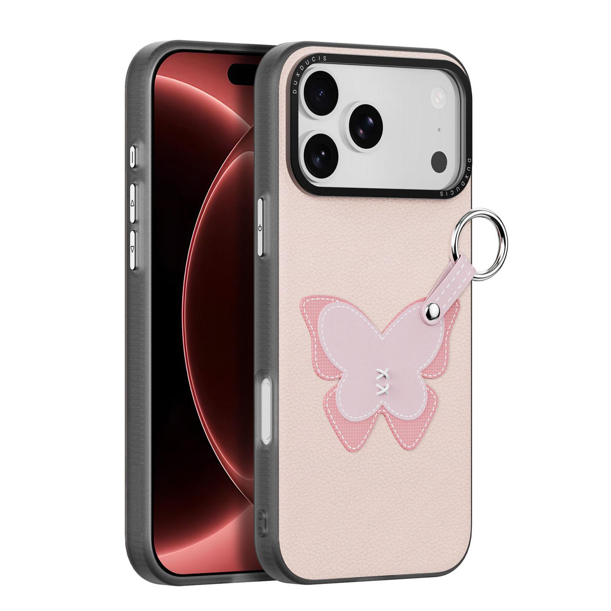 For iPhone 18 Pro Max / 17 Pro Max DUX DUCIS LUVY Series Ring Phone Case with Lanyard - Light Pink Butterfly - EDA010244202B