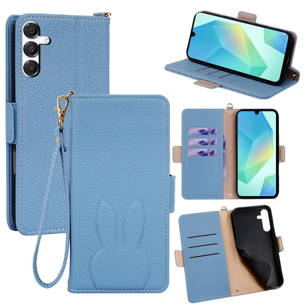 For Galaxy A16 5G Bunny Ears Side Magnetic Clasp Vegan Leather Phone Case with Wrist Strap - Blue - EDA010244805A