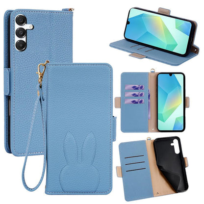 For Galaxy A16 5G Bunny Ears Side Magnetic Clasp Vegan Leather Phone Case with Wrist Strap - Blue - EDA010244805A