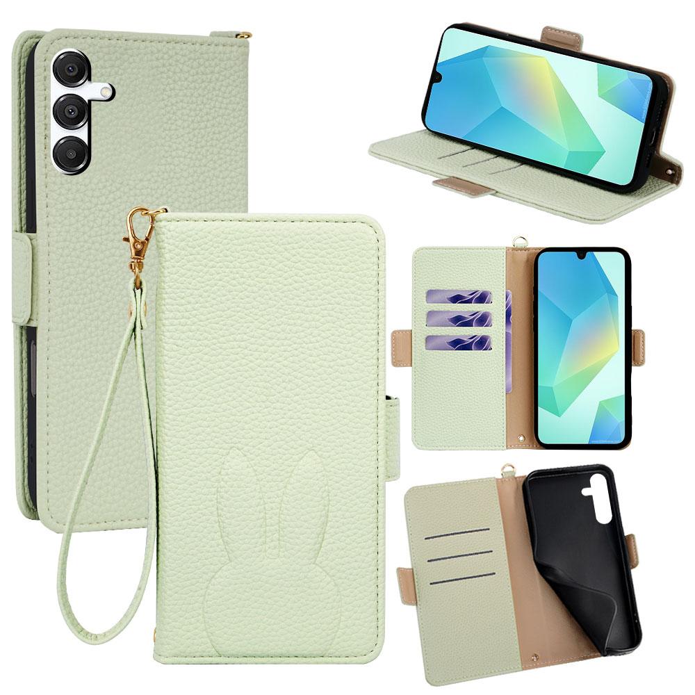 For Galaxy A16 5G Bunny Ears Side Magnetic Clasp Vegan Leather Phone Case with Wrist Strap - Green - EDA010244805B