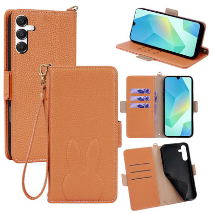 For Galaxy A16 5G Bunny Ears Side Magnetic Clasp Vegan Leather Phone Case with Wrist Strap - Brown - EDA010244805C