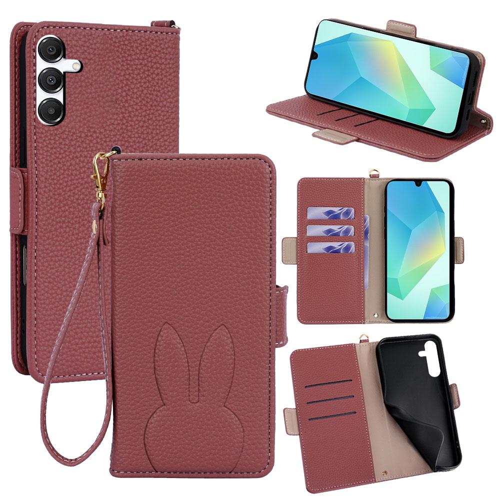 For Galaxy A16 5G Bunny Ears Side Magnetic Clasp Vegan Leather Phone Case with Wrist Strap - Red - EDA010244805D