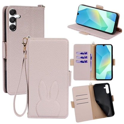 For Galaxy A16 5G Bunny Ears Side Magnetic Clasp Vegan Leather Phone Case with Wrist Strap - Light Pink - EDA010244805E