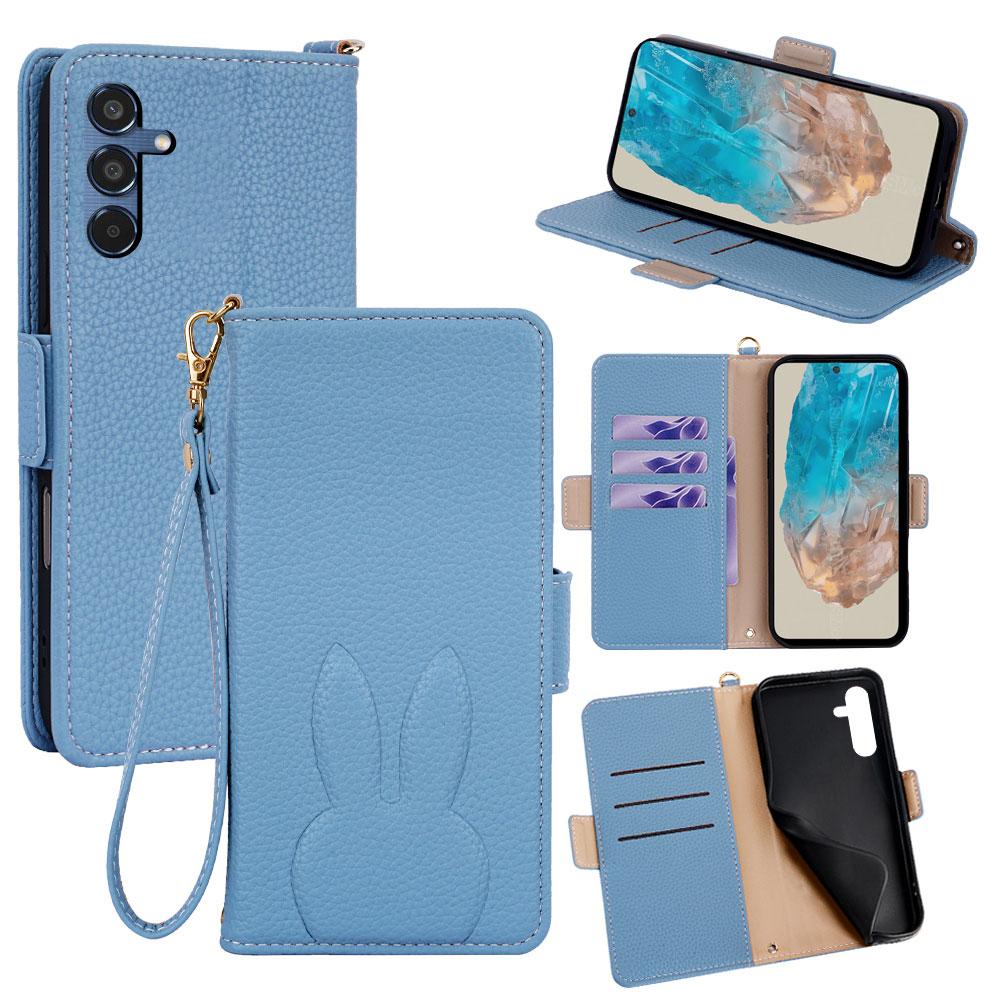 For Galaxy M35 5G Bunny Ears Side Magnetic Clasp Vegan Leather Phone Case with Wrist Strap - Blue - EDA010244806A