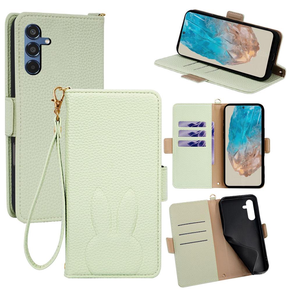 For Galaxy M35 5G Bunny Ears Side Magnetic Clasp Vegan Leather Phone Case with Wrist Strap - Green - EDA010244806B