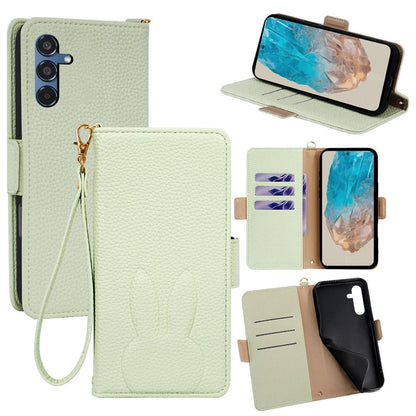 For Galaxy M35 5G Bunny Ears Side Magnetic Clasp Vegan Leather Phone Case with Wrist Strap - Green - EDA010244806B