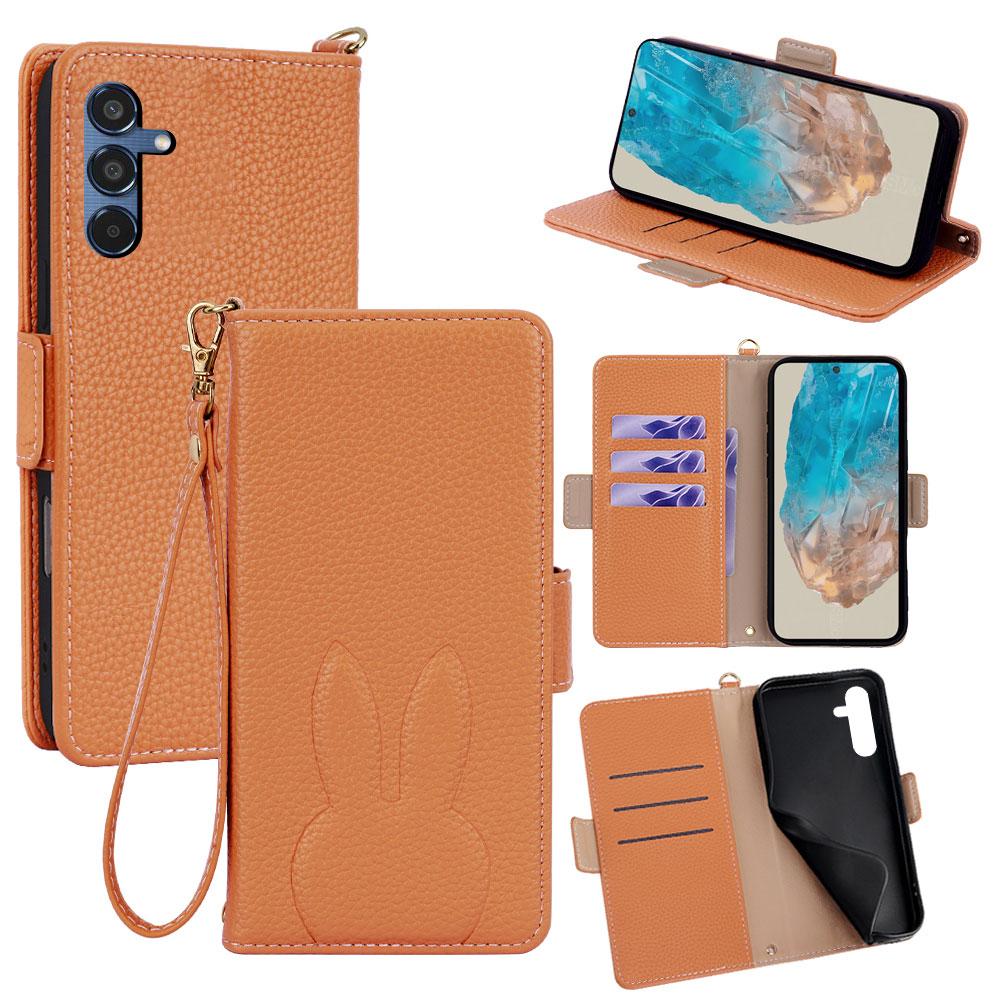 For Galaxy M35 5G Bunny Ears Side Magnetic Clasp Vegan Leather Phone Case with Wrist Strap - Brown - EDA010244806C