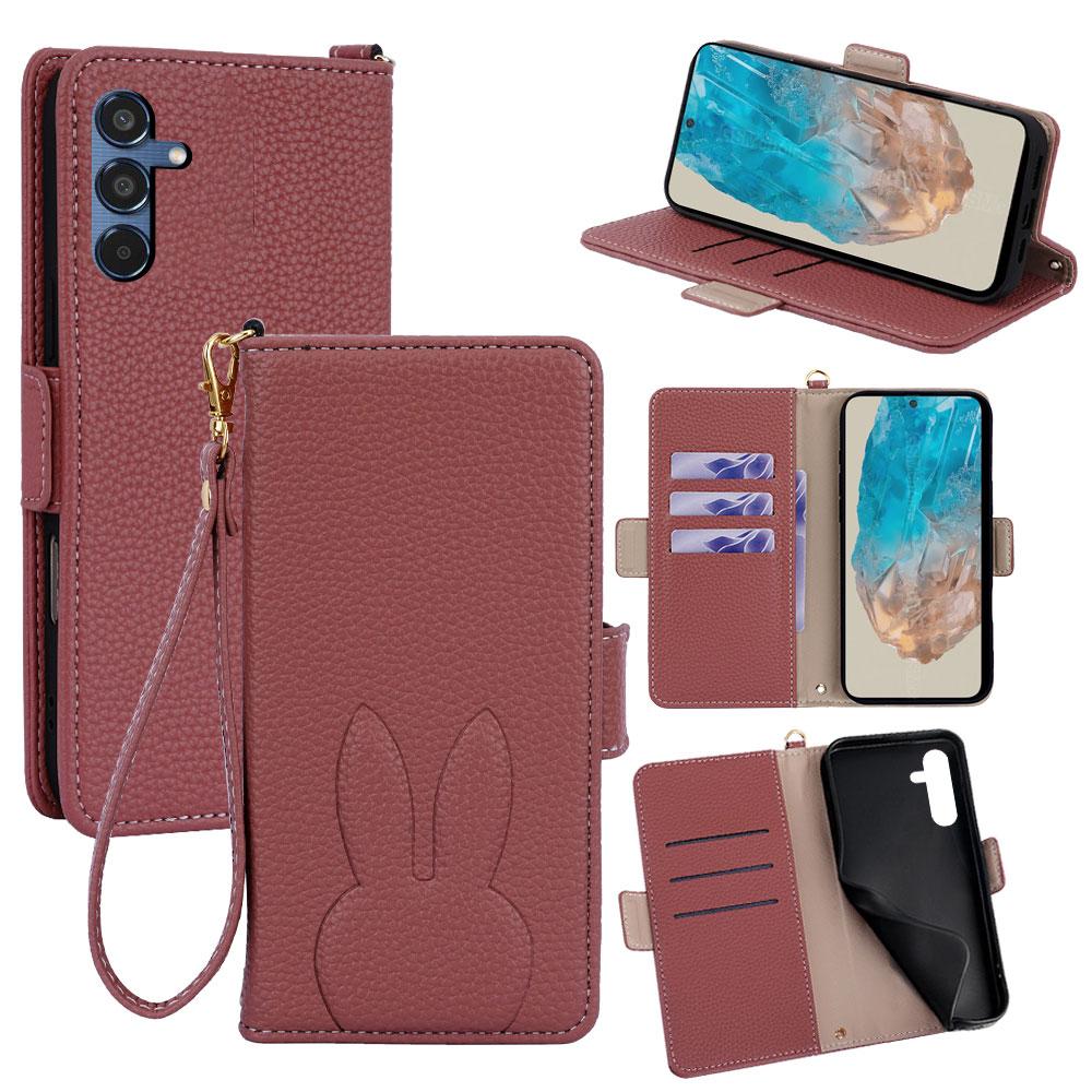 For Galaxy M35 5G Bunny Ears Side Magnetic Clasp Vegan Leather Phone Case with Wrist Strap - Red - EDA010244806D
