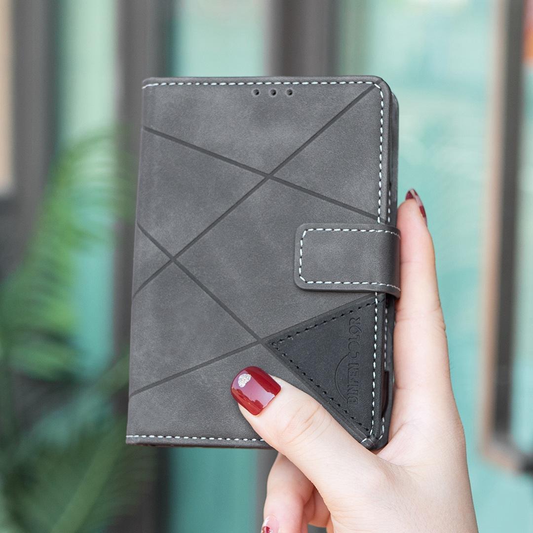 For iPhone Duo Magnetic Buckle Rhombus Texture Leather Phone Case - Grey - EDA010246401E