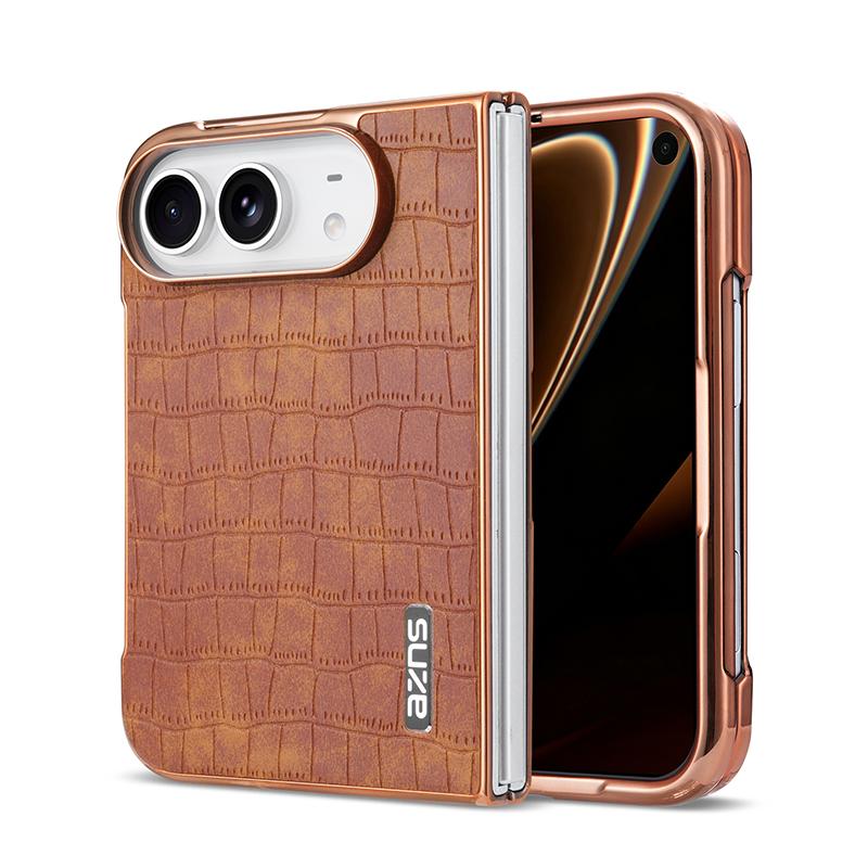 For iPhone Duo AZNS Electroplated Frame Crocodile Texture Full Coverage Phone Case - Brown - EDA010250301B
