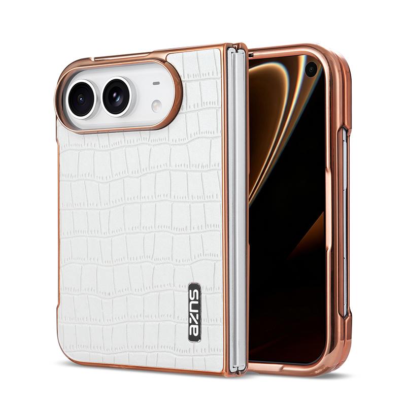 For iPhone Duo AZNS Electroplated Frame Crocodile Texture Full Coverage Phone Case - White - EDA010250301E
