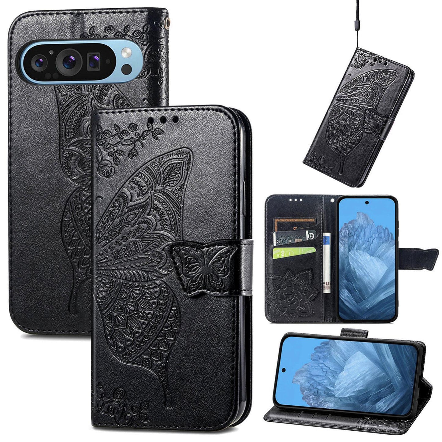 For Google Pixel 11 Pro XL Butterfly Love Flower Embossed Leather Phone Case(Black)