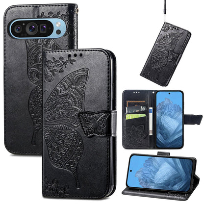 For Google Pixel 11 Pro XL Butterfly Love Flower Embossed Leather Phone Case(Black)