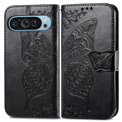For Google Pixel 11 Pro XL Butterfly Love Flower Embossed Leather Phone Case(Black)