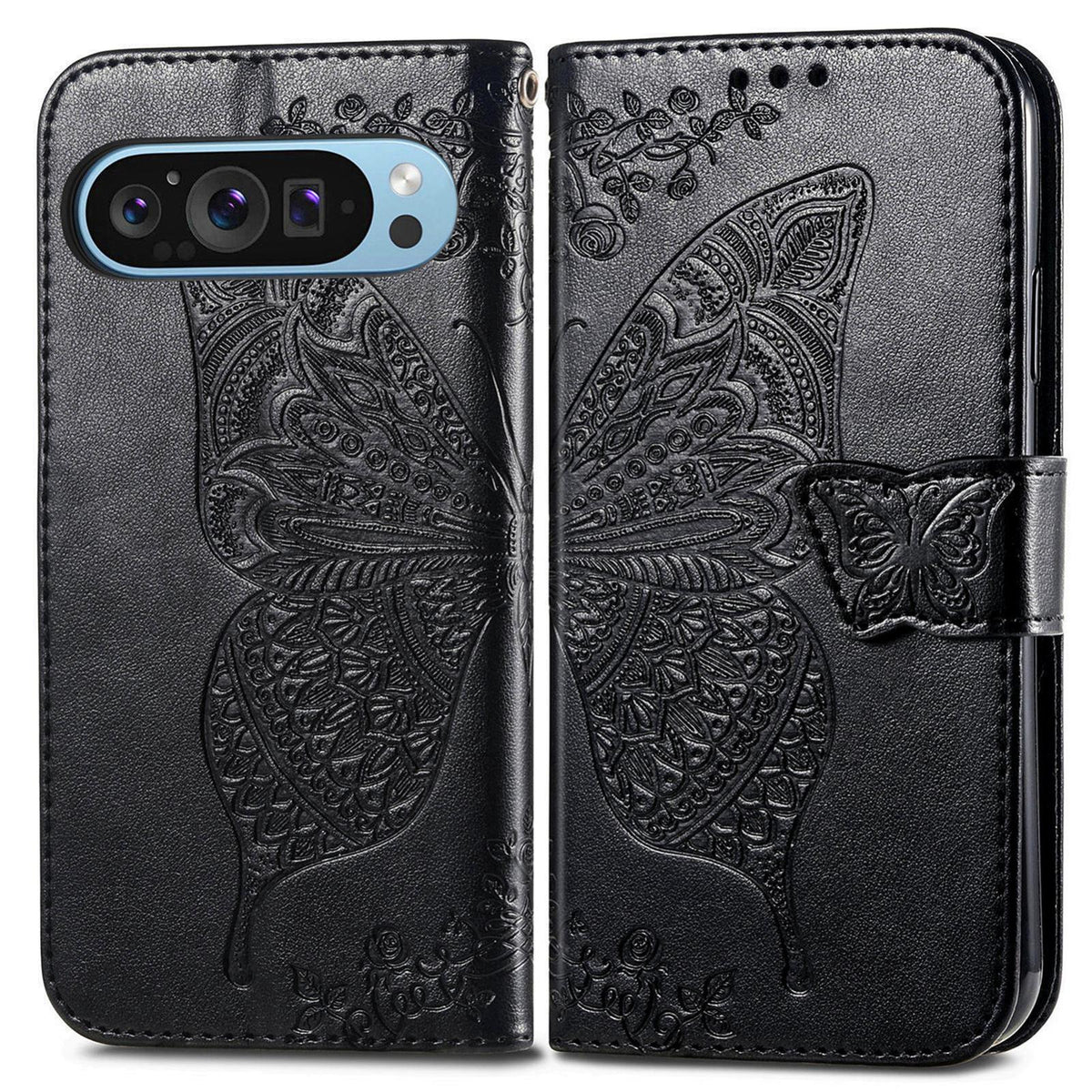 For Google Pixel 11 Pro XL Butterfly Love Flower Embossed Leather Phone Case - Black - SYA002183104A