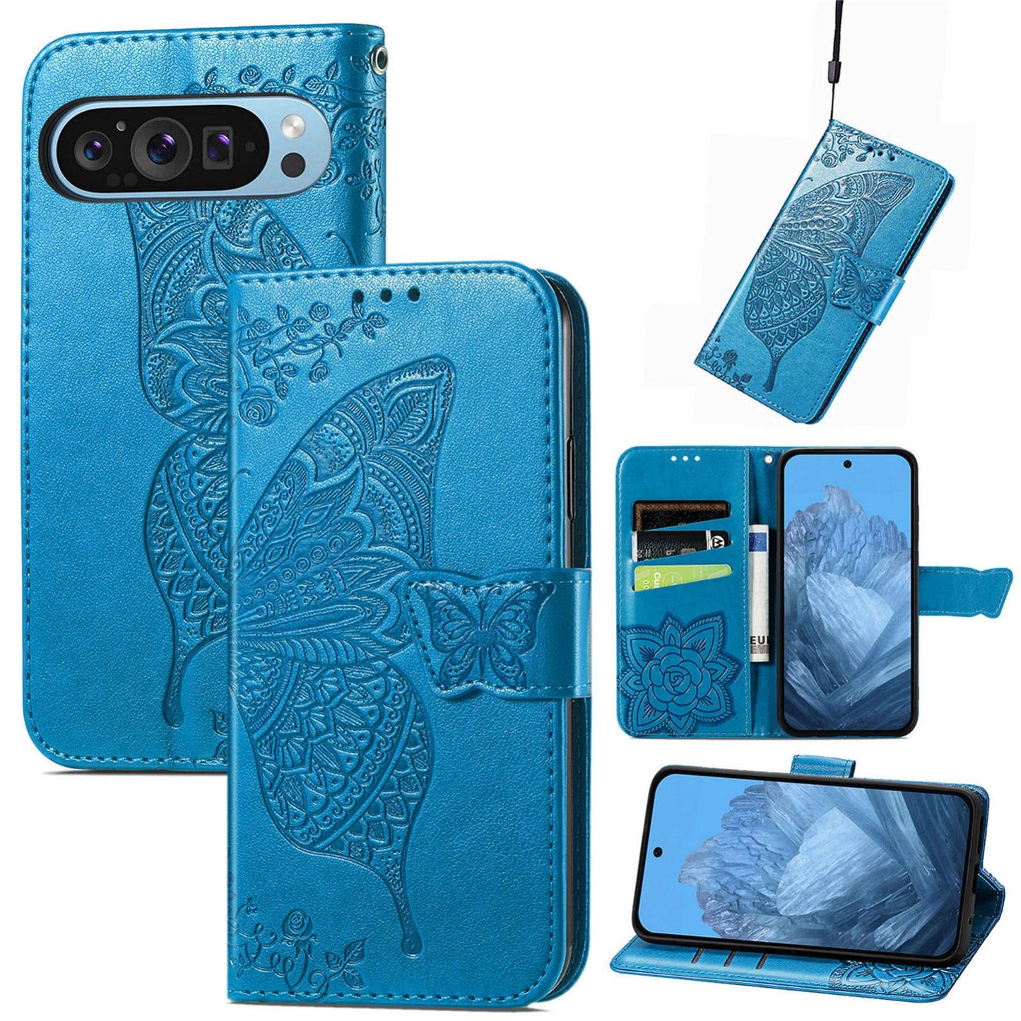 For Google Pixel 11 Pro XL Butterfly Love Flower Embossed Leather Phone Case(Blue)
