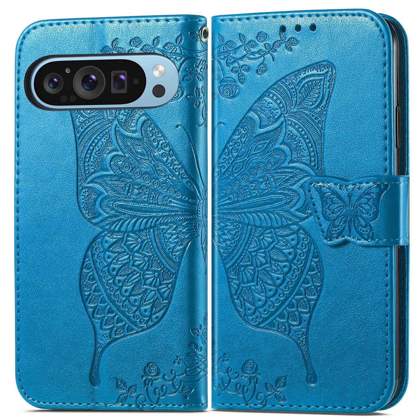 For Google Pixel 11 Pro XL Butterfly Love Flower Embossed Leather Phone Case(Blue)