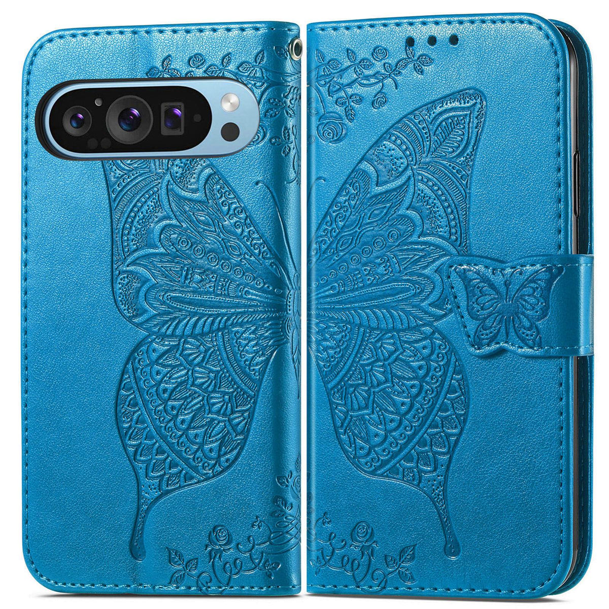 For Google Pixel 11 Pro XL Butterfly Love Flower Embossed Leather Phone Case - Blue - SYA002183104B