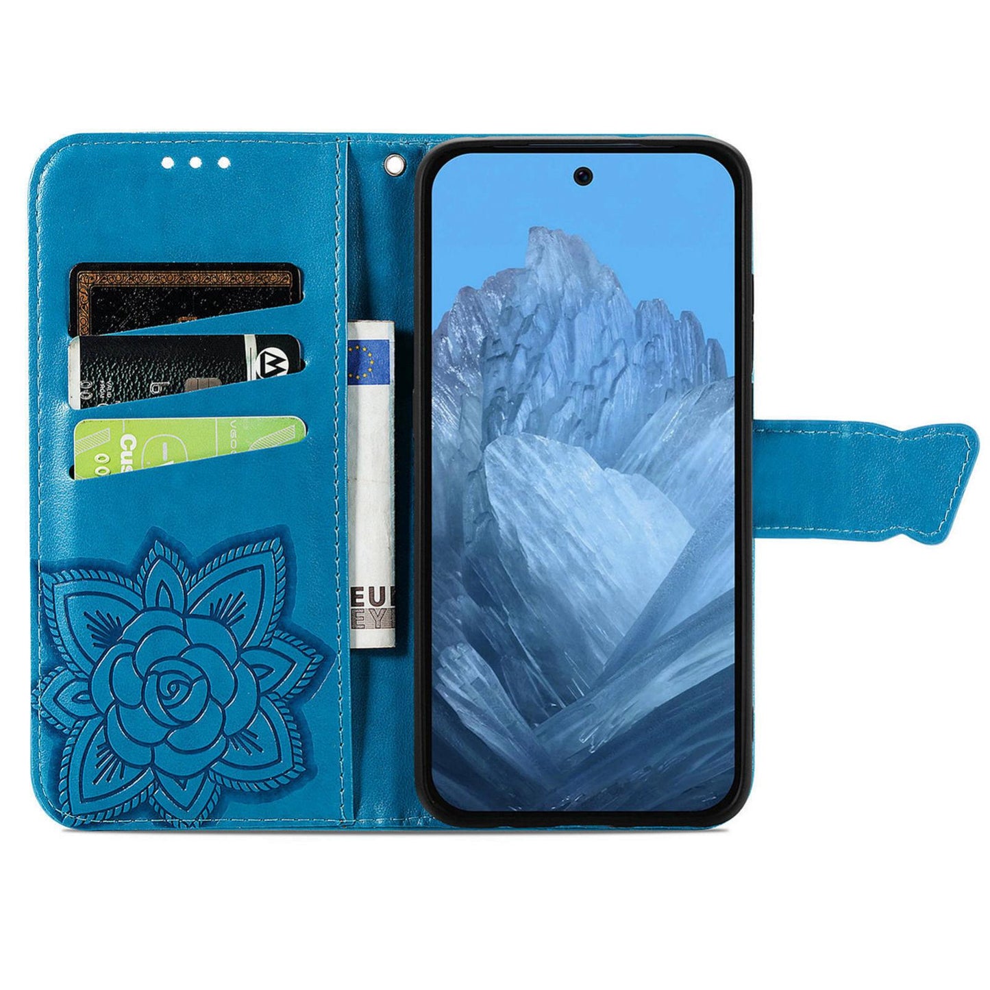 For Google Pixel 11 Pro XL Butterfly Love Flower Embossed Leather Phone Case(Blue)