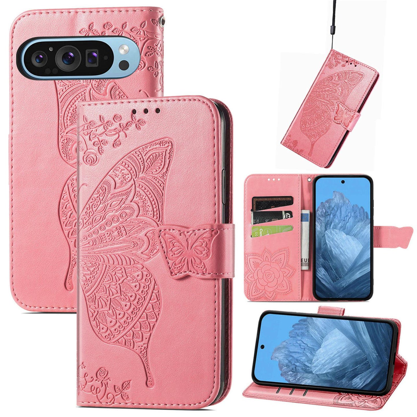 For Google Pixel 11 Pro XL Butterfly Love Flower Embossed Leather Phone Case(Pink)