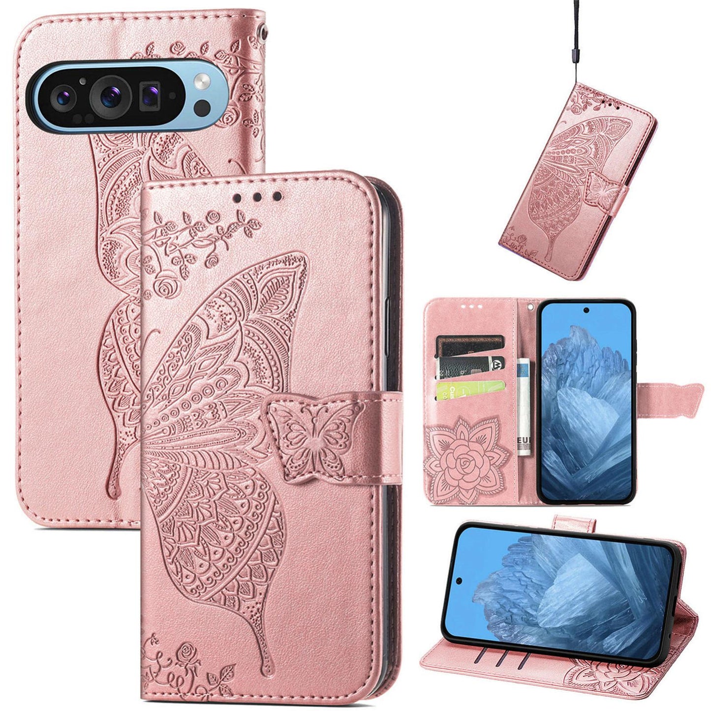 For Google Pixel 11 Pro XL Butterfly Love Flower Embossed Leather Phone Case(Rose Gold)
