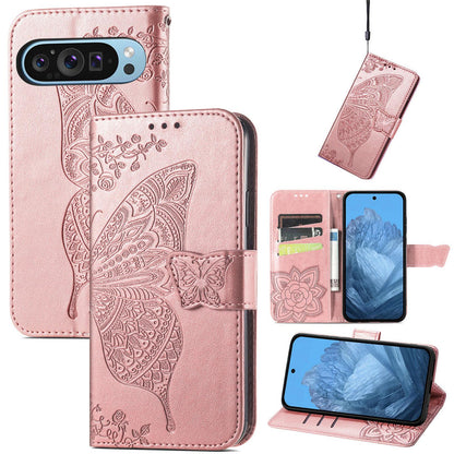 For Google Pixel 11 Pro XL Butterfly Love Flower Embossed Leather Phone Case(Rose Gold)