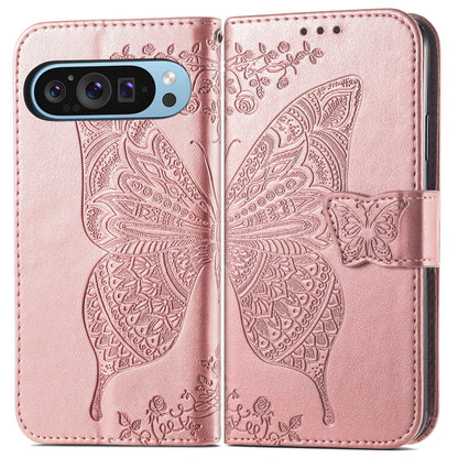 For Google Pixel 11 Pro XL Butterfly Love Flower Embossed Leather Phone Case(Rose Gold)