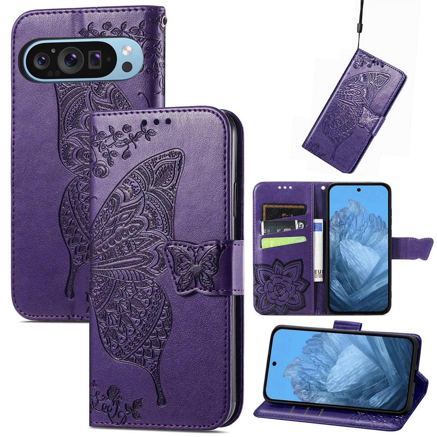 For Google Pixel 11 Pro XL Butterfly Love Flower Embossed Leather Phone Case(Dark Purple)