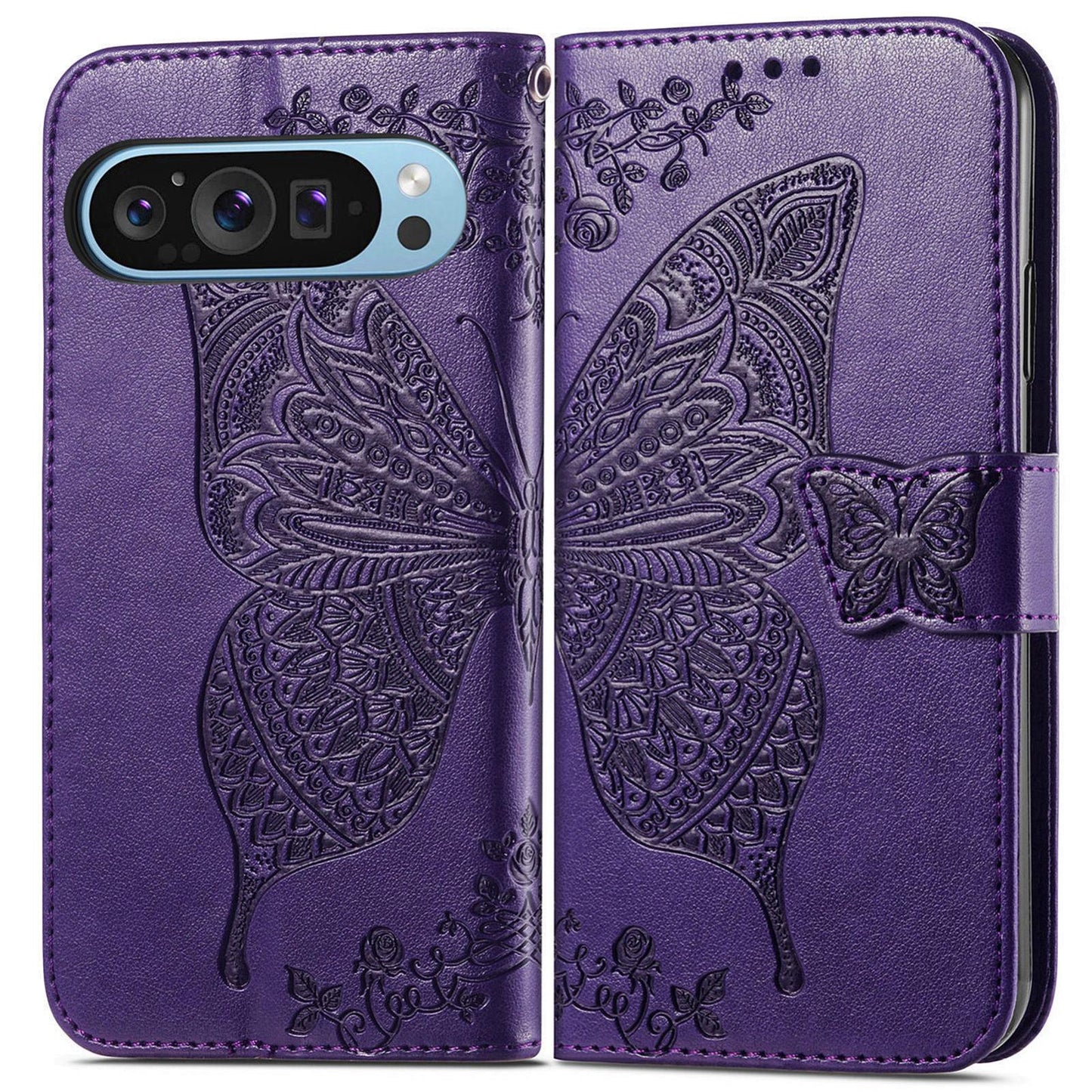 For Google Pixel 11 Pro XL Butterfly Love Flower Embossed Leather Phone Case(Dark Purple)
