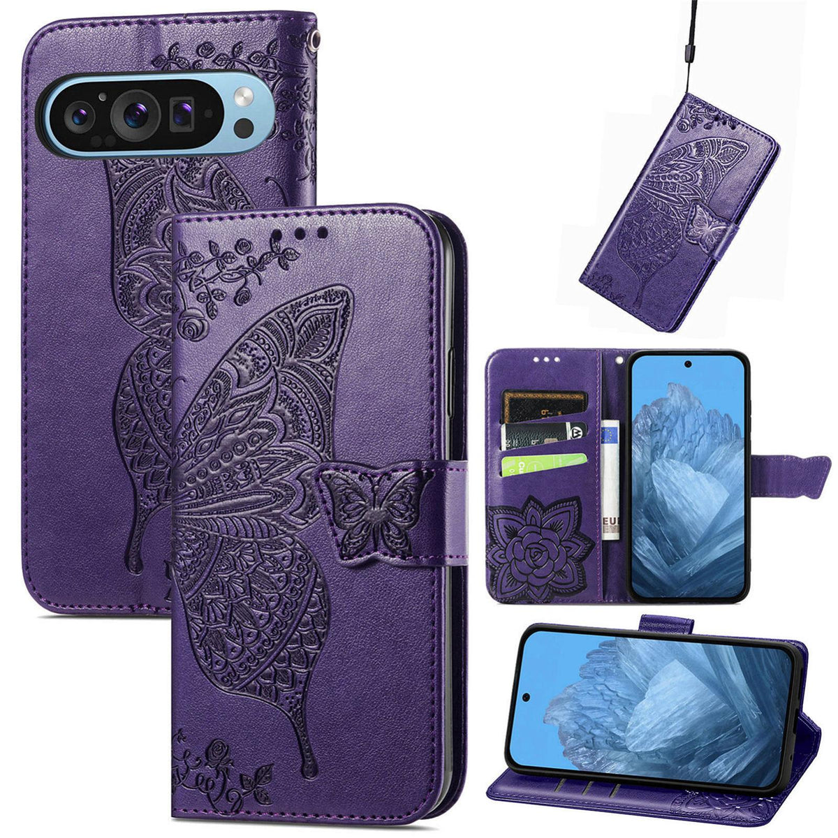 For Google Pixel 11 Pro XL Butterfly Love Flower Embossed Leather Phone Case - Dark Purple - SYA002183104E