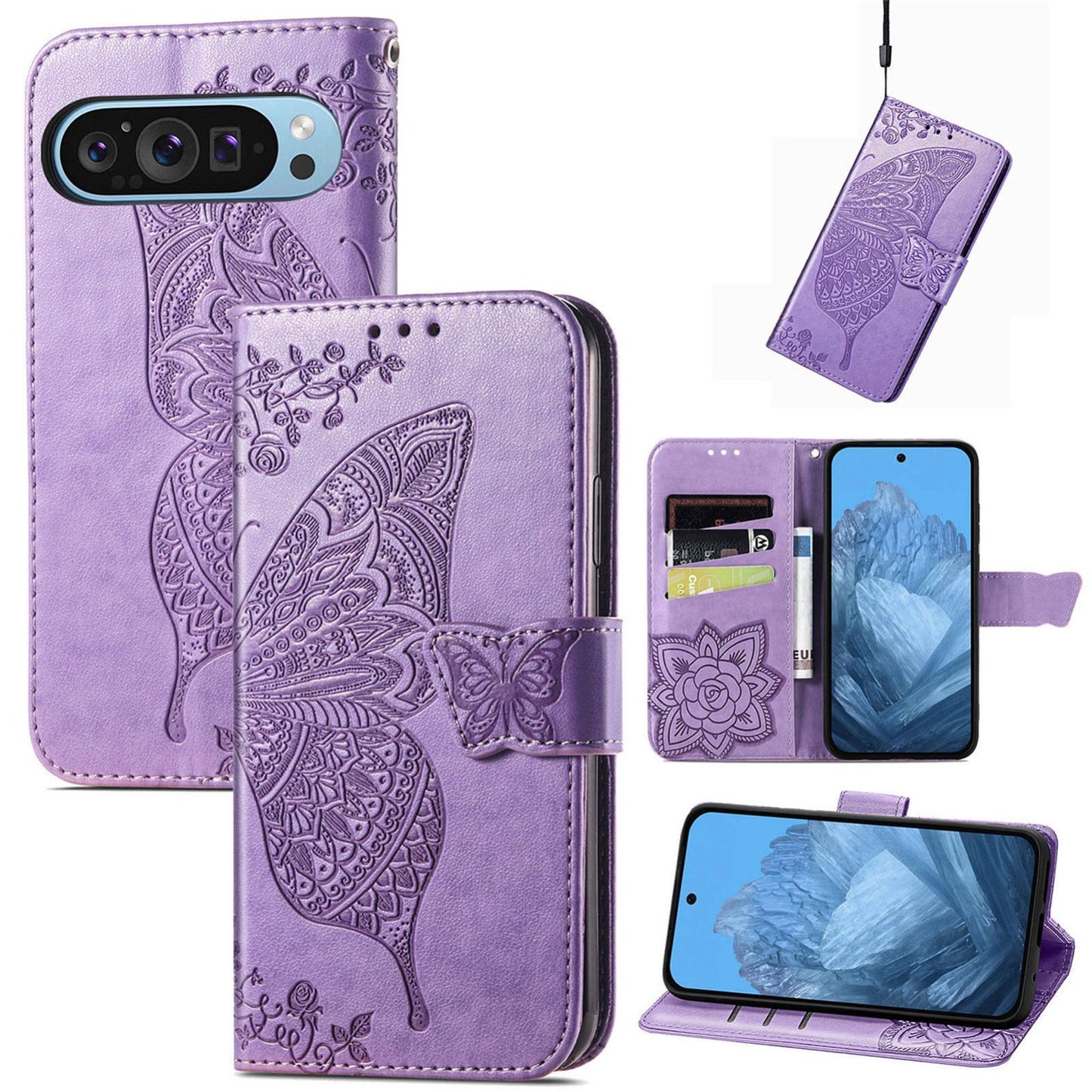 For Google Pixel 11 Pro XL Butterfly Love Flower Embossed Leather Phone Case(Light Purple)
