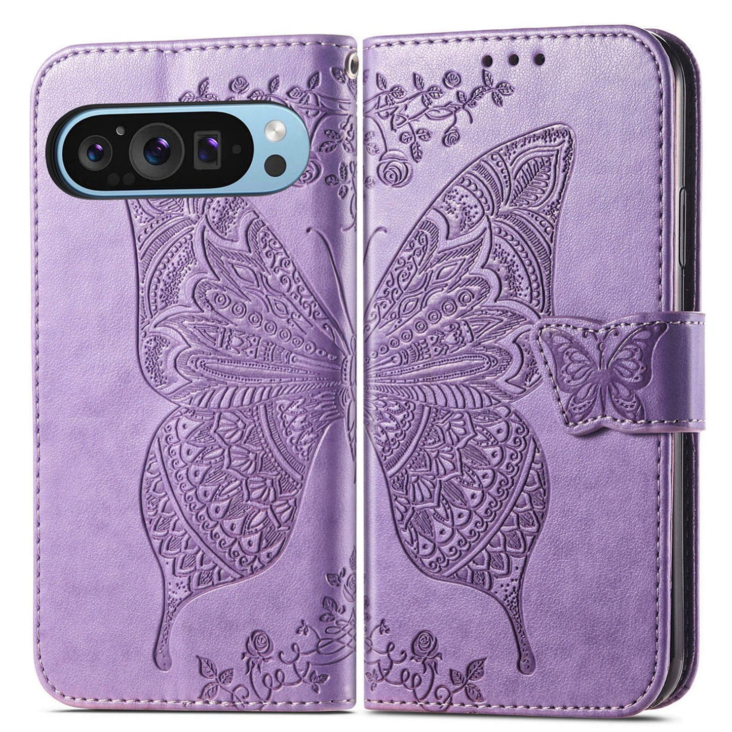 For Google Pixel 11 Pro XL Butterfly Love Flower Embossed Leather Phone Case(Light Purple)