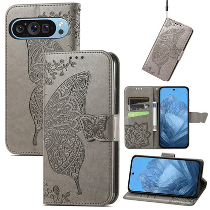 For Google Pixel 11 Pro XL Butterfly Love Flower Embossed Leather Phone Case(Gray)