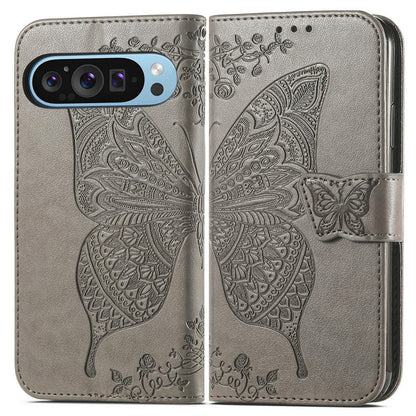 For Google Pixel 11 Pro XL Butterfly Love Flower Embossed Leather Phone Case(Gray)