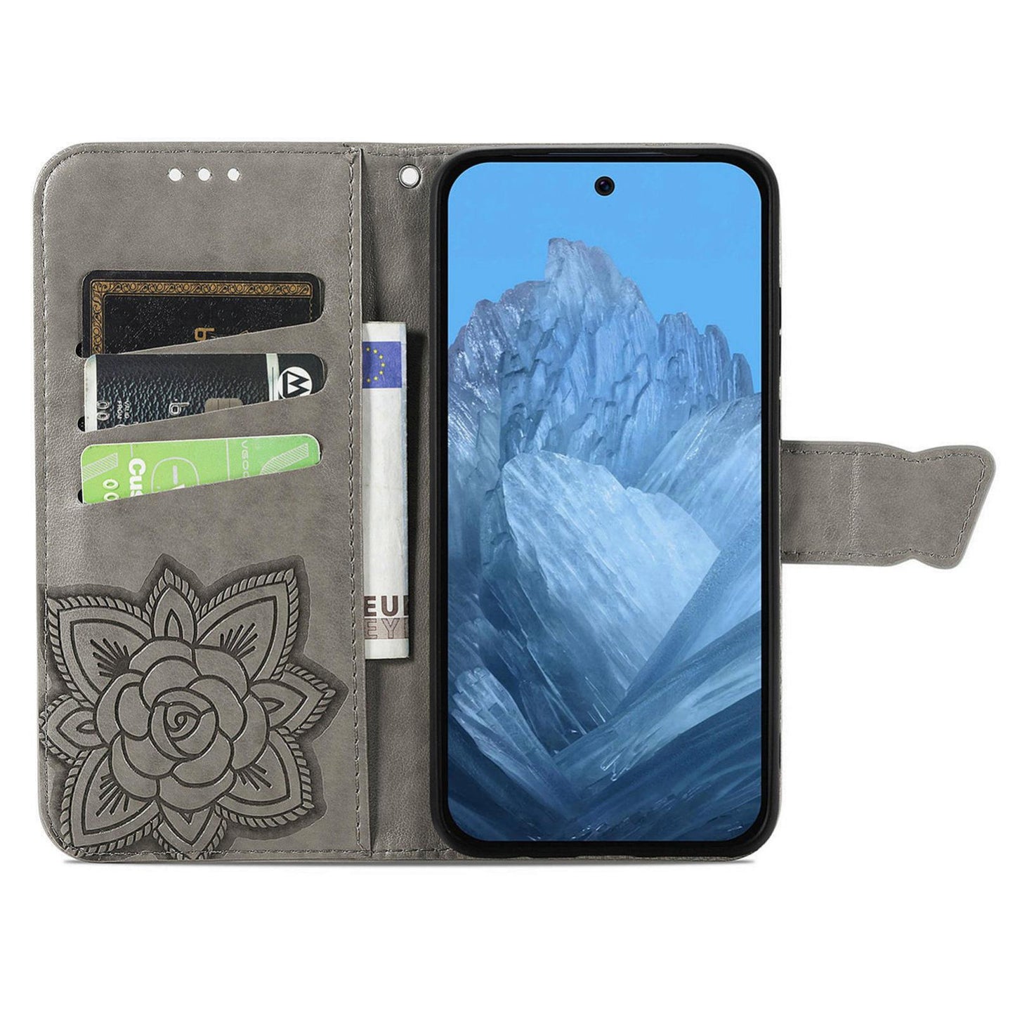 For Google Pixel 11 Pro XL Butterfly Love Flower Embossed Leather Phone Case(Gray)