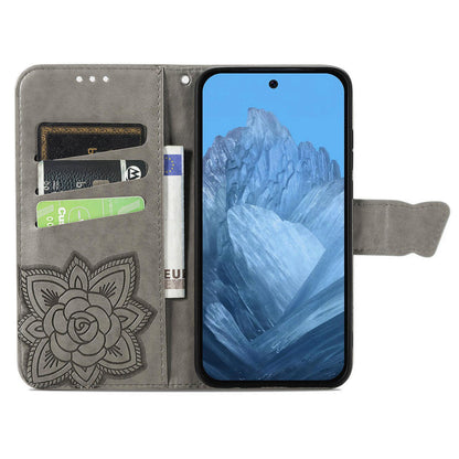 For Google Pixel 11 Pro XL Butterfly Love Flower Embossed Leather Phone Case(Gray)