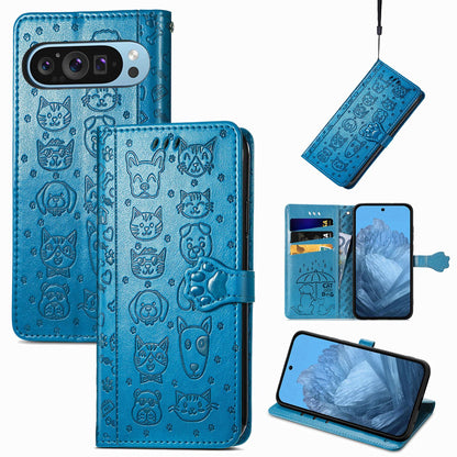 For Google Pixel 11 Pro XL Cat and Dog Embossed Leather Phone Case(Blue)