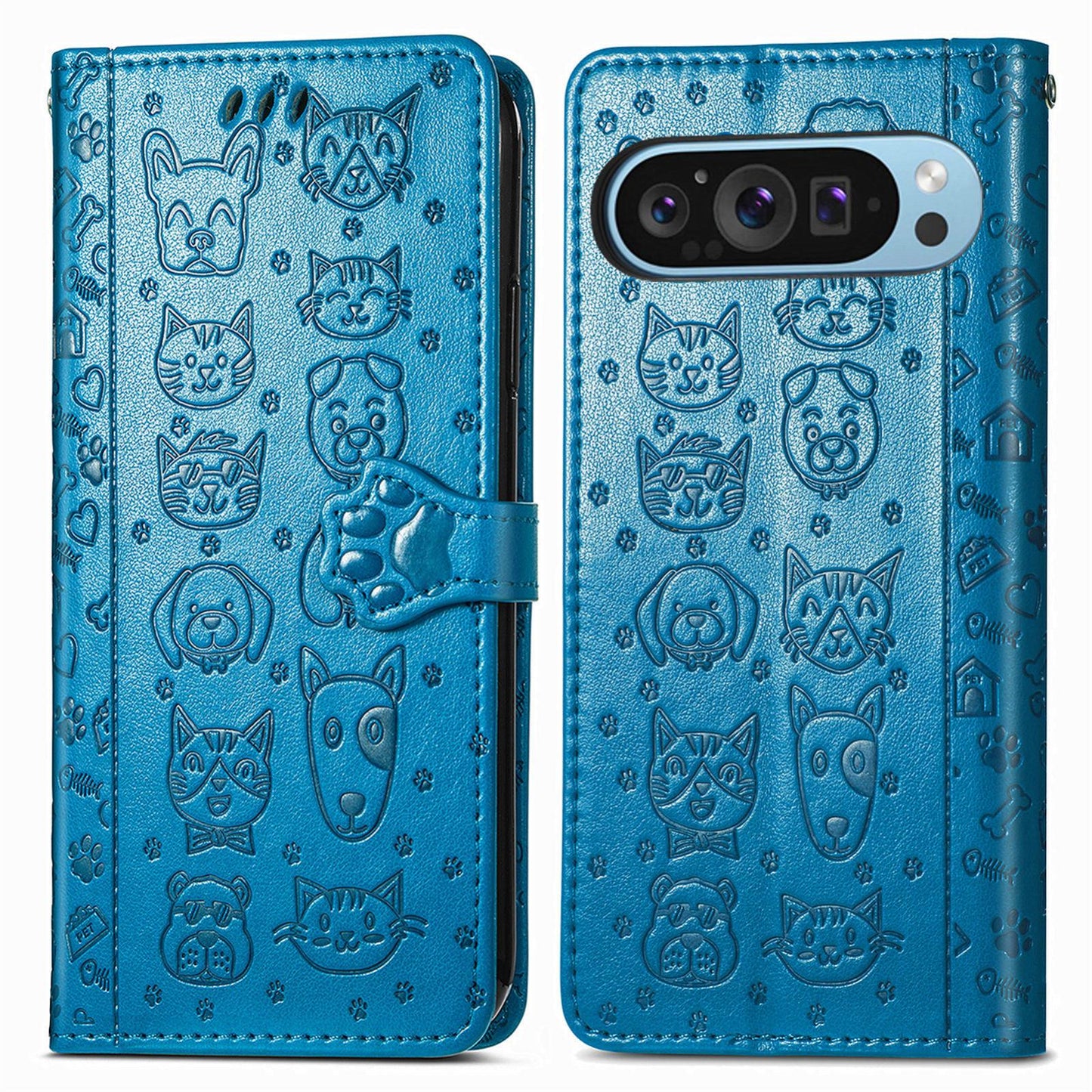 For Google Pixel 11 Pro XL Cat and Dog Embossed Leather Phone Case(Blue)