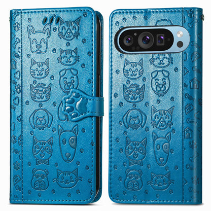 For Google Pixel 11 Pro XL Cat and Dog Embossed Leather Phone Case(Blue)