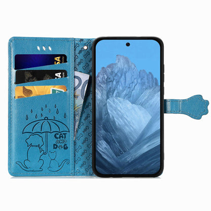 For Google Pixel 11 Pro XL Cat and Dog Embossed Leather Phone Case(Blue)