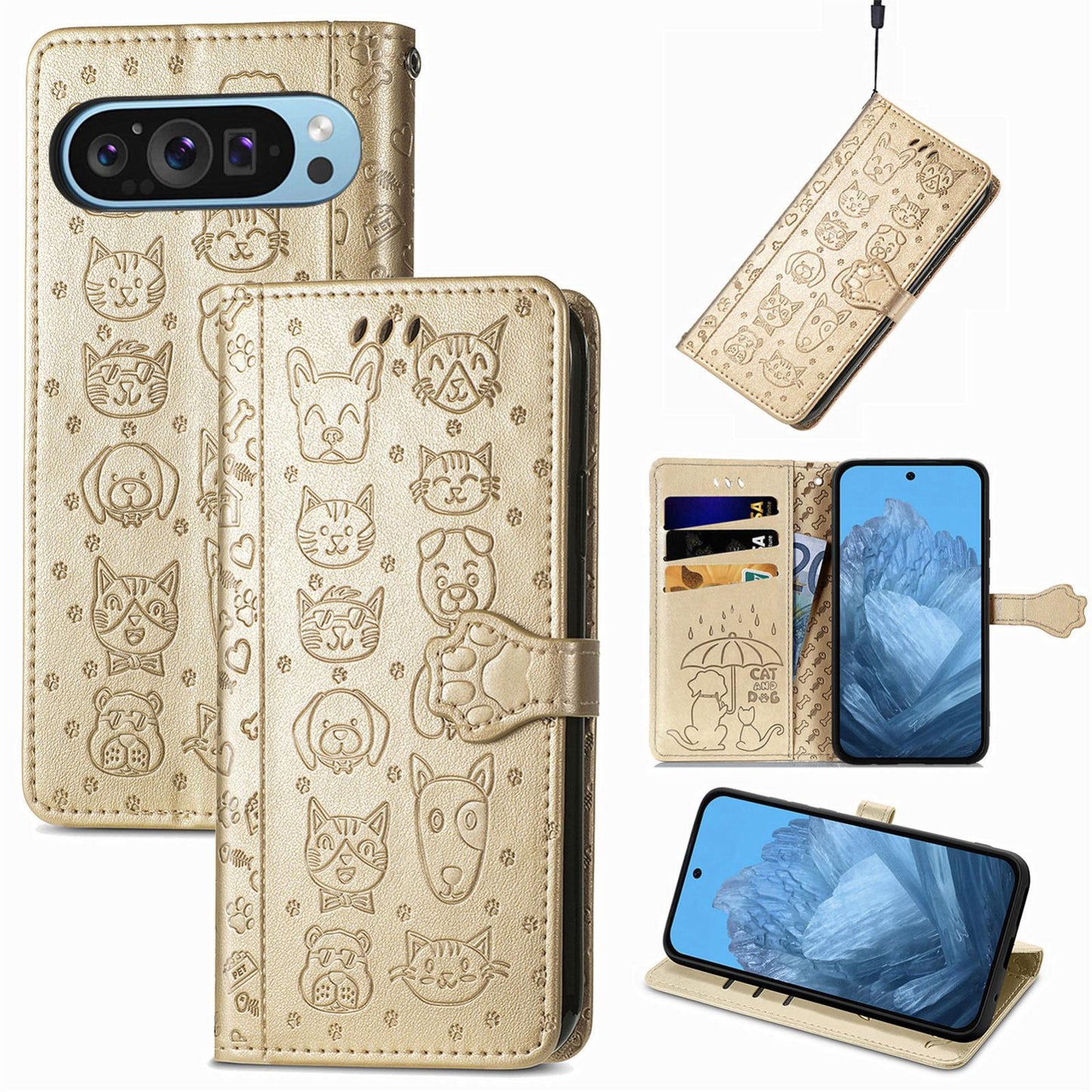 For Google Pixel 11 Pro XL Cat and Dog Embossed Leather Phone Case(Gold)