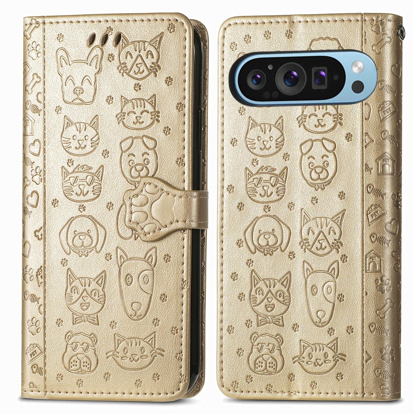 For Google Pixel 11 Pro XL Cat and Dog Embossed Leather Phone Case(Gold)