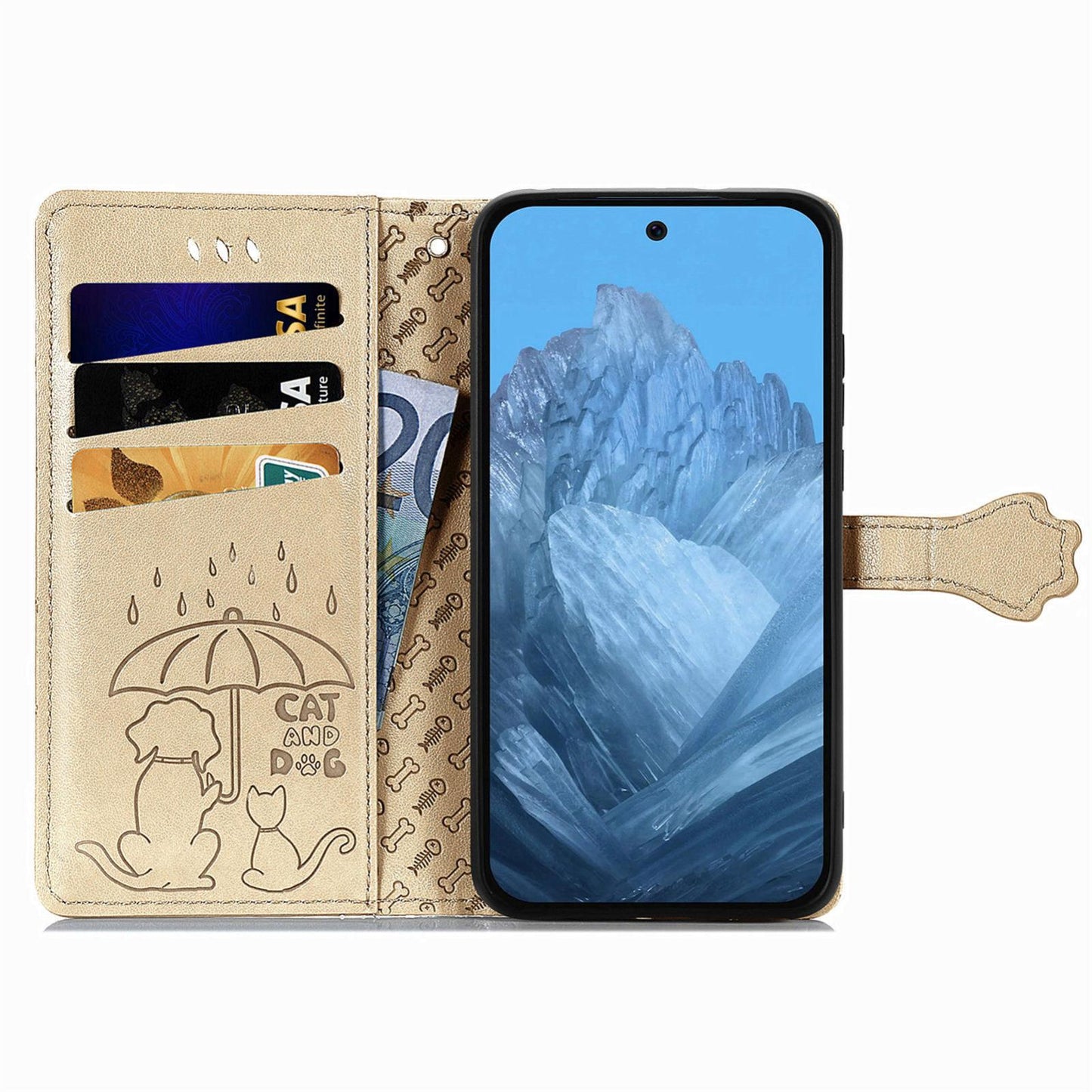 For Google Pixel 11 Pro XL Cat and Dog Embossed Leather Phone Case(Gold)