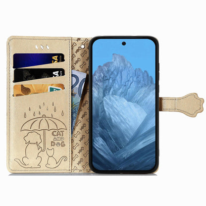 For Google Pixel 11 Pro XL Cat and Dog Embossed Leather Phone Case(Gold)