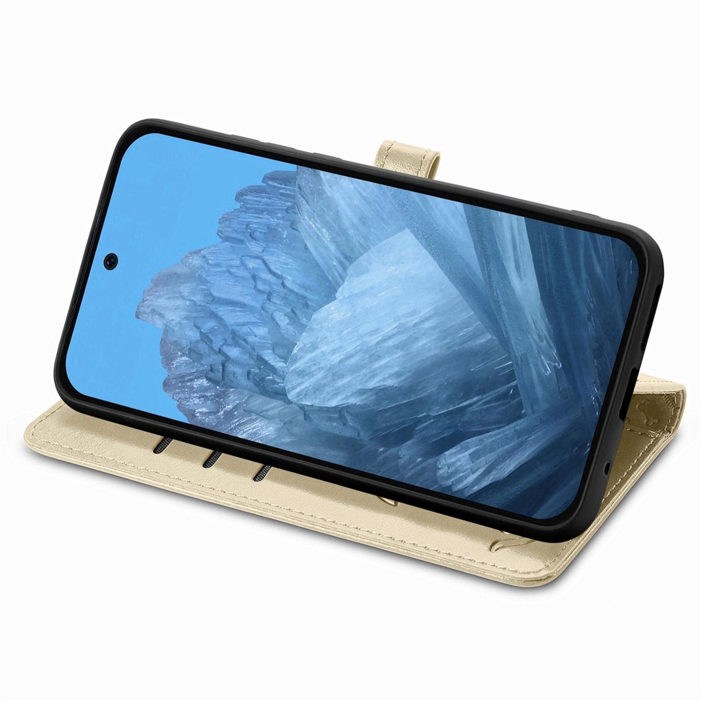 For Google Pixel 11 Pro XL Cat and Dog Embossed Leather Phone Case(Gold)