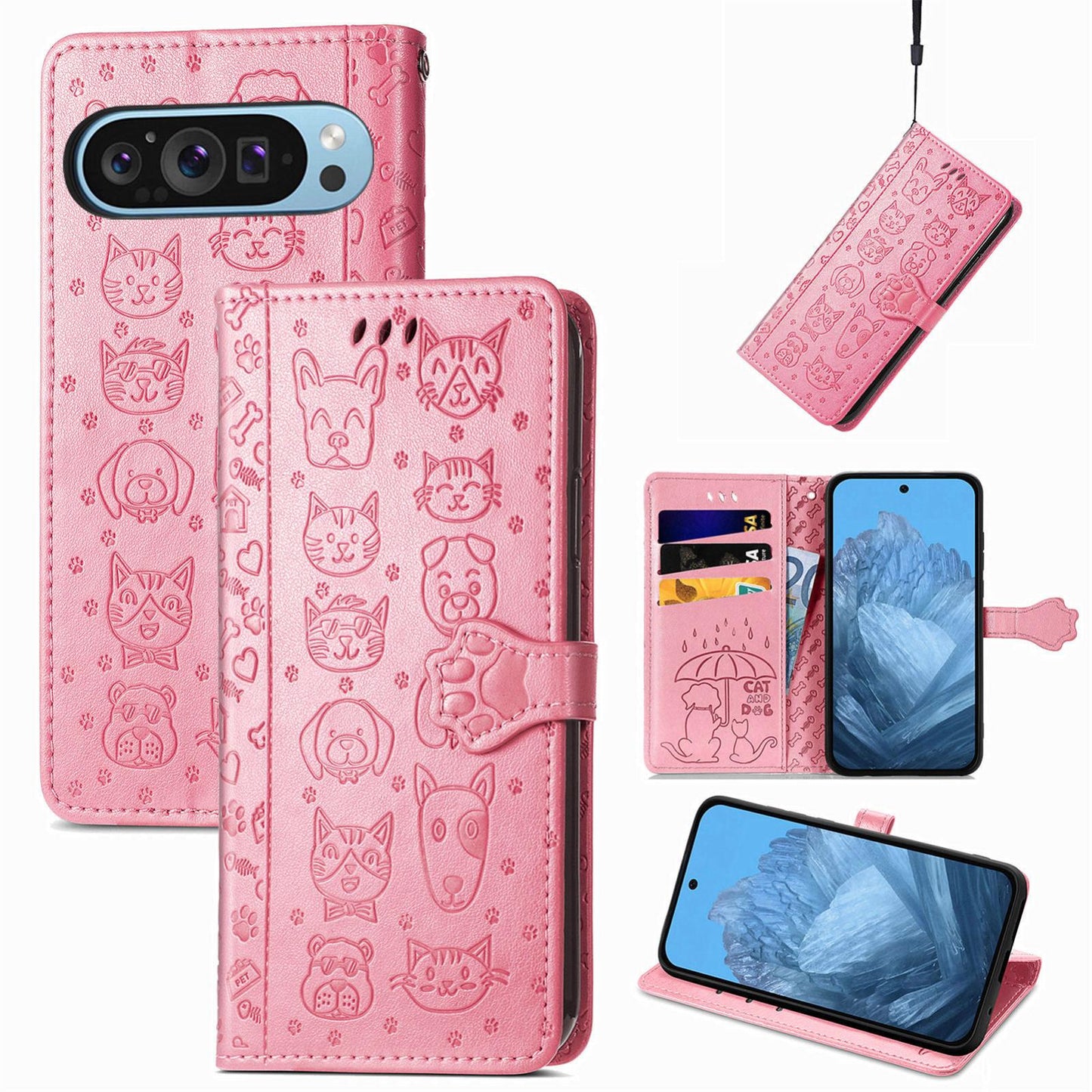 For Google Pixel 11 Pro XL Cat and Dog Embossed Leather Phone Case(Pink)