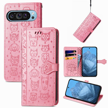 For Google Pixel 11 Pro XL Cat and Dog Embossed Leather Phone Case(Pink)