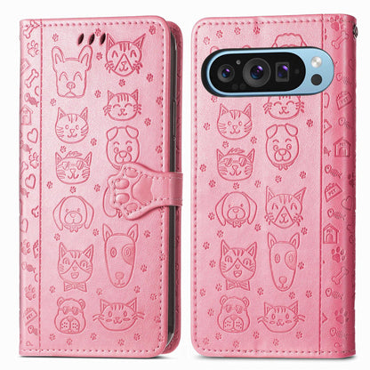 For Google Pixel 11 Pro XL Cat and Dog Embossed Leather Phone Case(Pink)