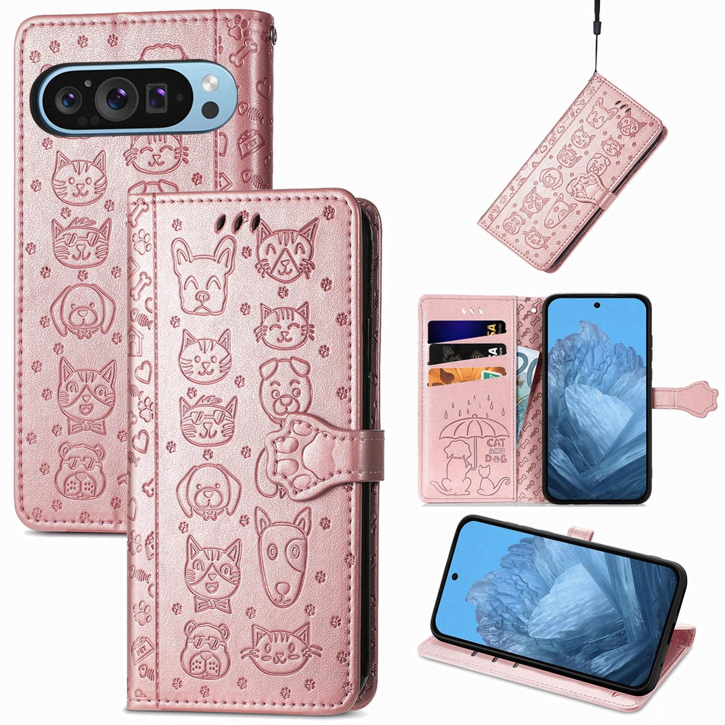 For Google Pixel 11 Pro XL Cat and Dog Embossed Leather Phone Case(Rose Gold)